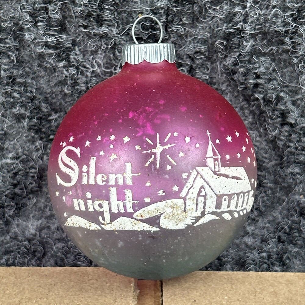 Vtg SHINY BRITE 2" Unsilvered Opaque Pink Ombre Silent Night Stenciled Ornament.